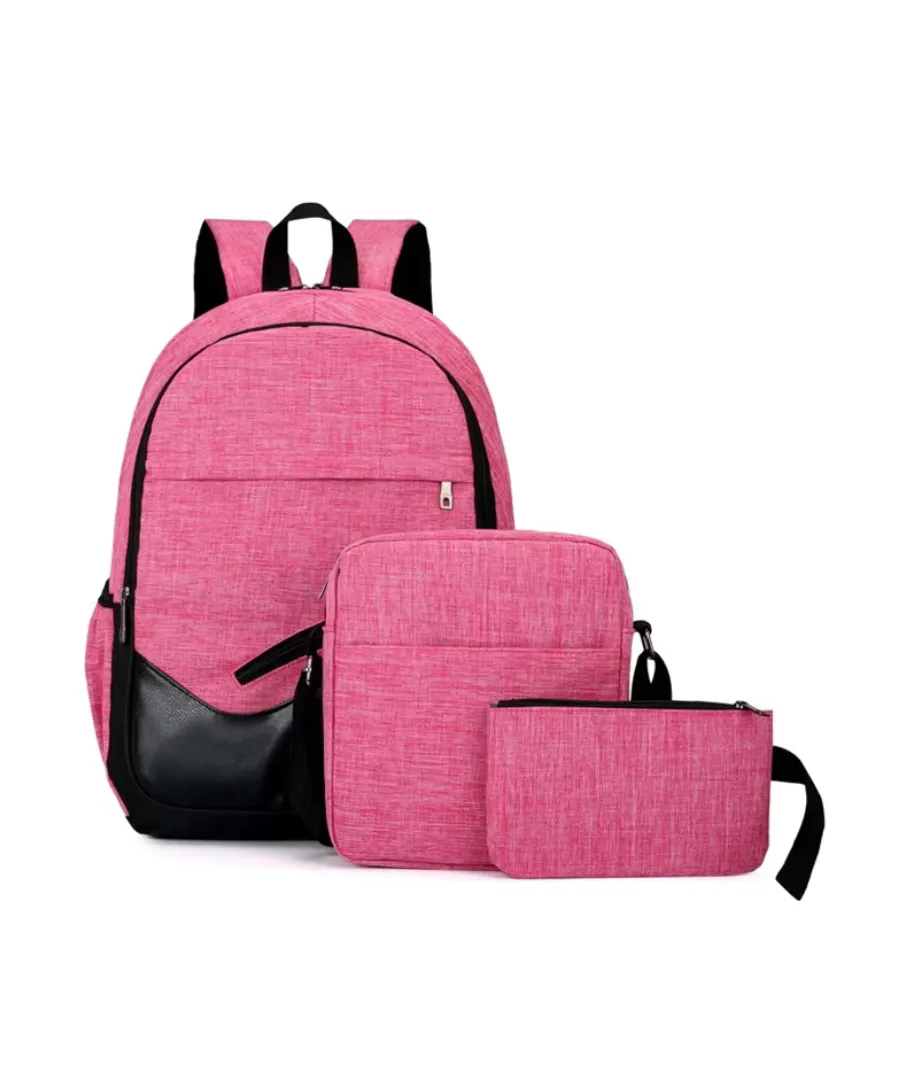 3-Piece Pink Textured Polyester Backpack Set with PU Accents for Corporate Gift Bulk Supply - View 1