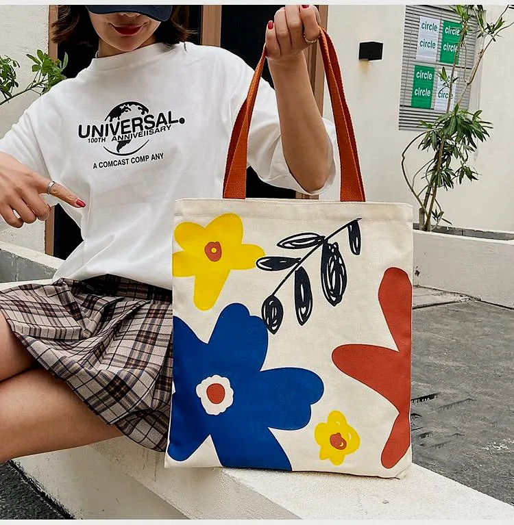 Cotton Canvas Tote Bag with Teddy Charm & Floral Print - View 1