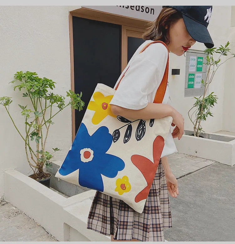 Cotton Canvas Tote Bag with Teddy Charm & Floral Print - View 2