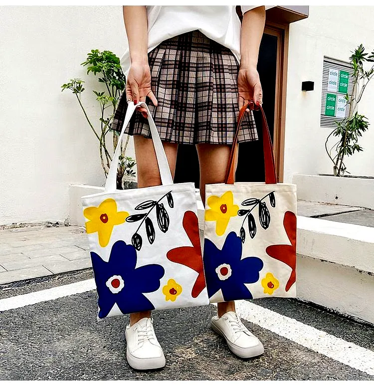 Cotton Canvas Tote Bag with Teddy Charm & Floral Print - View 3