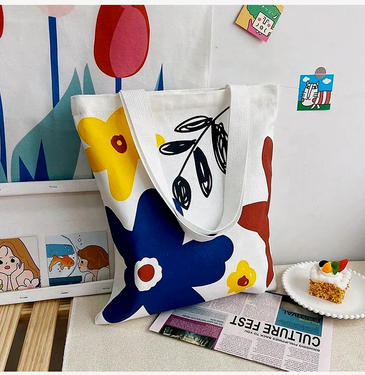 Cotton Canvas Tote Bag with Teddy Charm & Floral Print - View 5