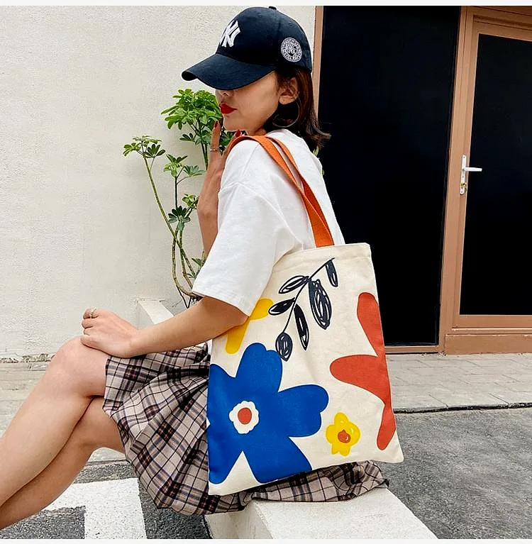 Cotton Canvas Tote Bag with Teddy Charm & Floral Print - View 4