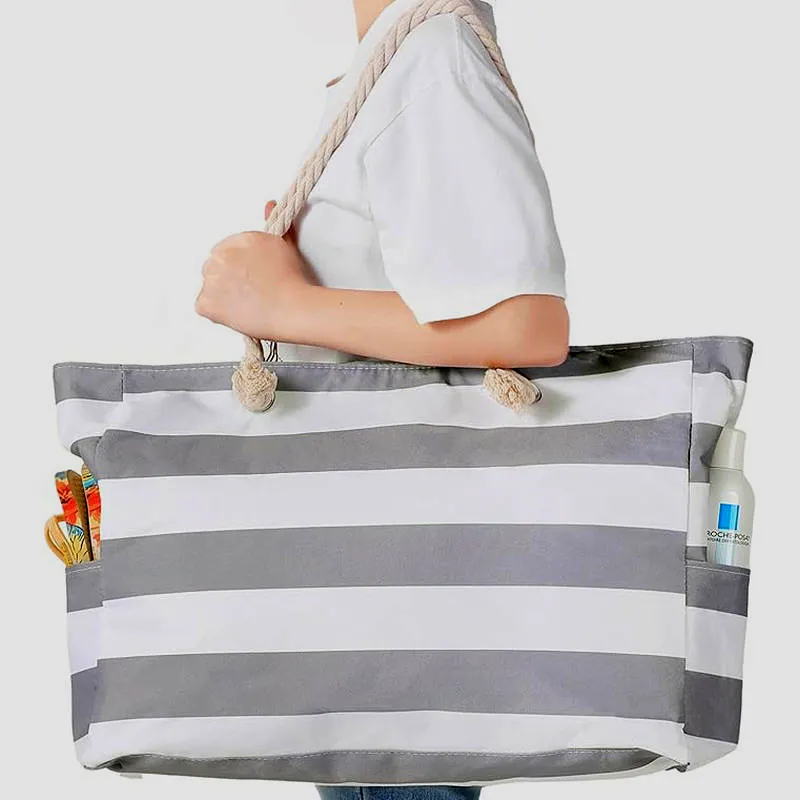 Custom Logo Striped Rope Handle Polyester Beach Tote Bag - View 2