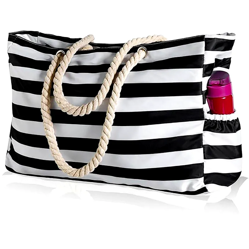 Custom Logo Striped Rope Handle Polyester Beach Tote Bag - View 1